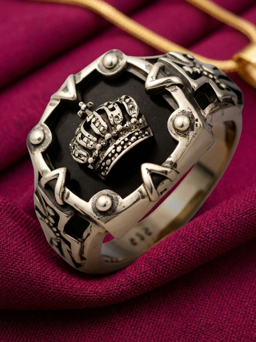 Royal Crown Signet Ring for Men | Gothic King Style Brass Silver Plated Ring